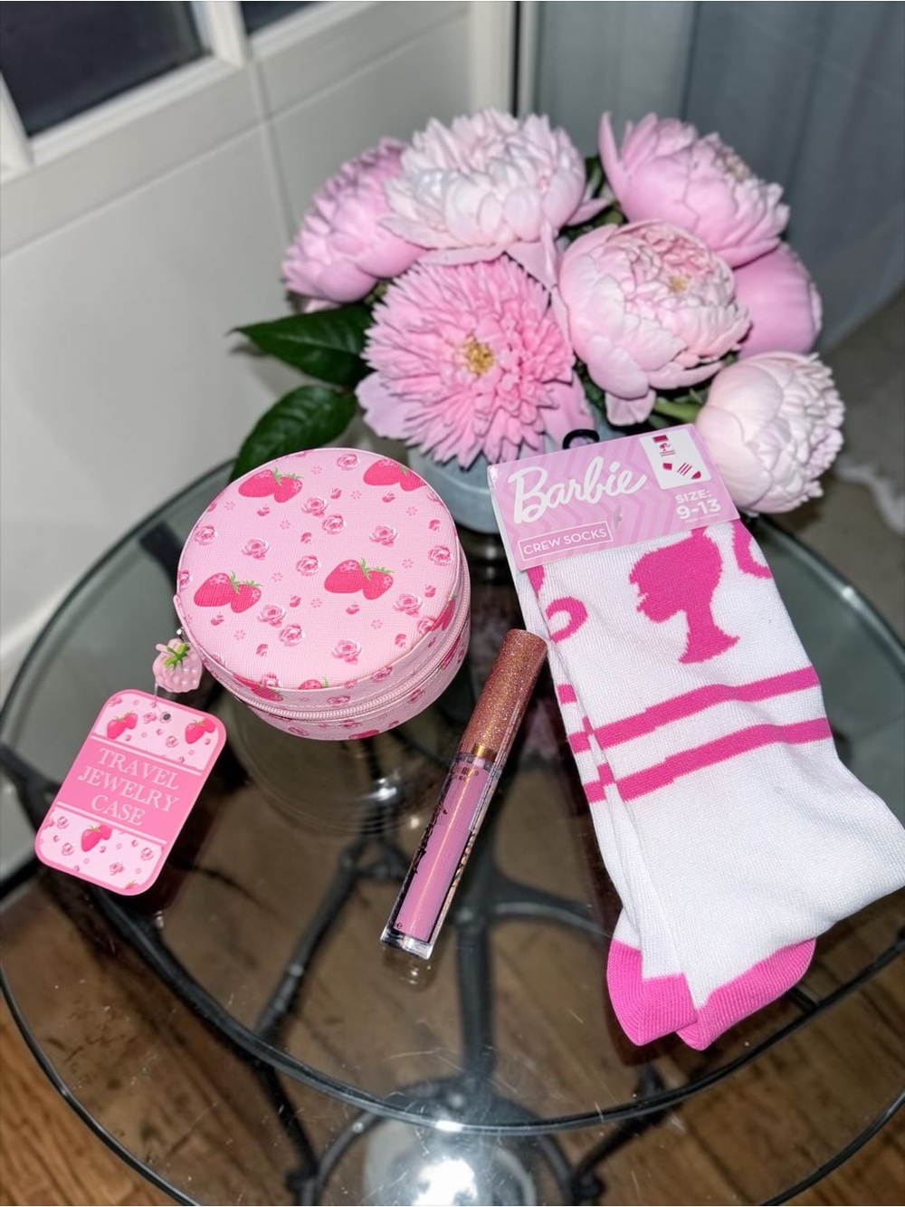 Barbiecore Pink Bundle: Barbie Crew Socks, Strawberry Travel Case & Lip gloss